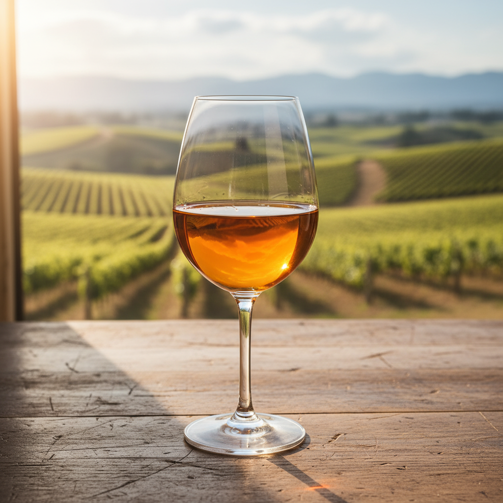 Taça de vinho laranja em uma mesa de madeira rústica, com um vinhedo ensolarado ao fundo.