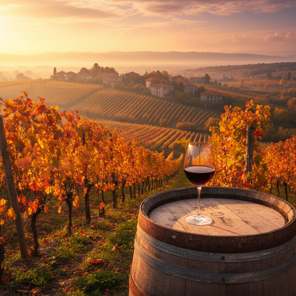Vinhedo da Macedônia do Norte ao pôr do sol com taça de vinho tinto em barril, simbolizando a harmonização de sabores locais.