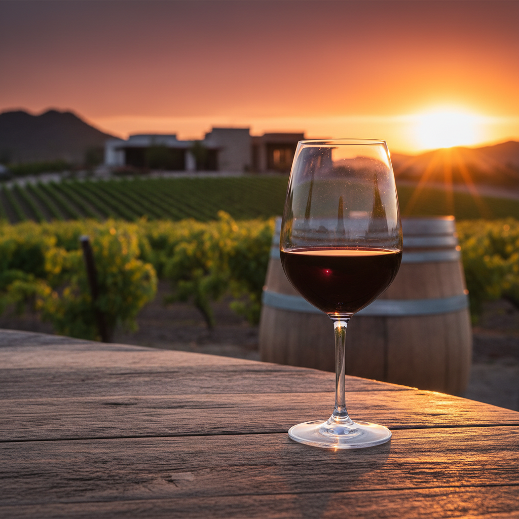 Taça de vinho tinto em mesa de madeira rústica, com vinhedo mexicano ao pôr do sol e barril de carvalho ao fundo.