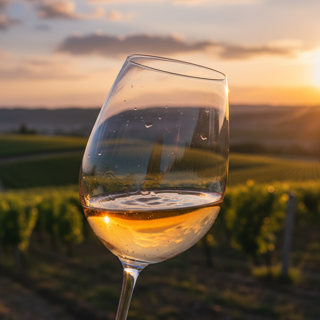 Taça de vinho polonês com reflexos dourados em um vinhedo moderno ao pôr do sol.