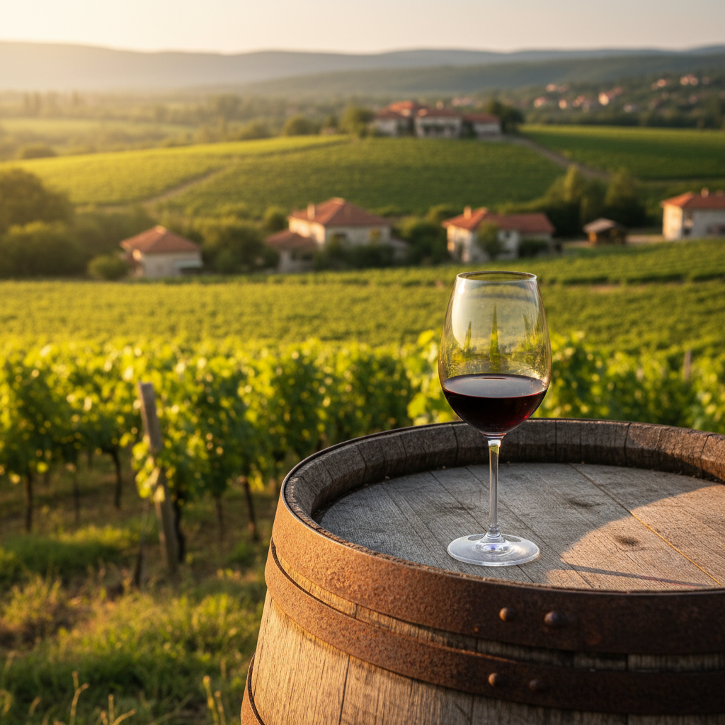 Vinhedo ensolarado na Bósnia e Herzegovina com um copo de vinho sobre um barril de madeira rústico, simbolizando a harmonização local.