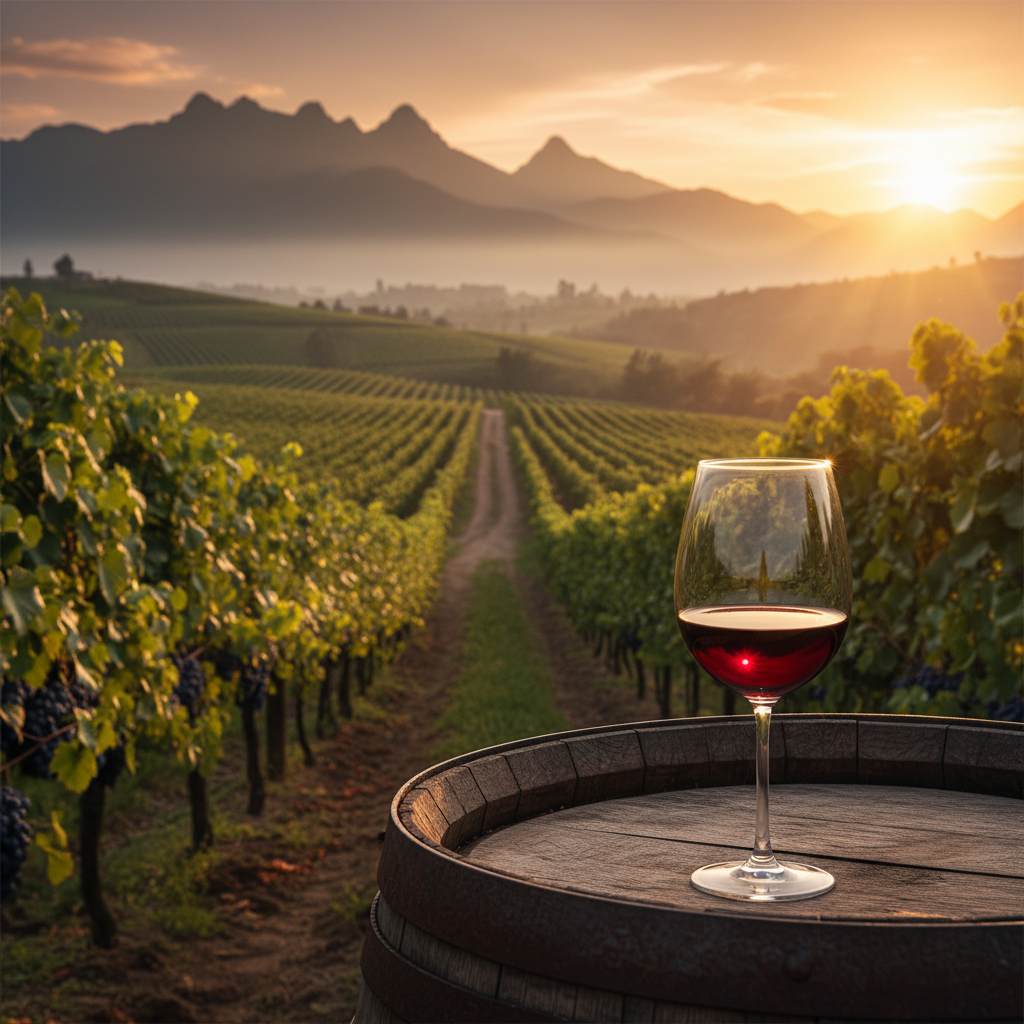 Vinhedo equatoriano ao pôr do sol com uma taça de vinho sobre um barril de madeira, simbolizando a harmonização entre vinhos locais e a culinária do Equador.