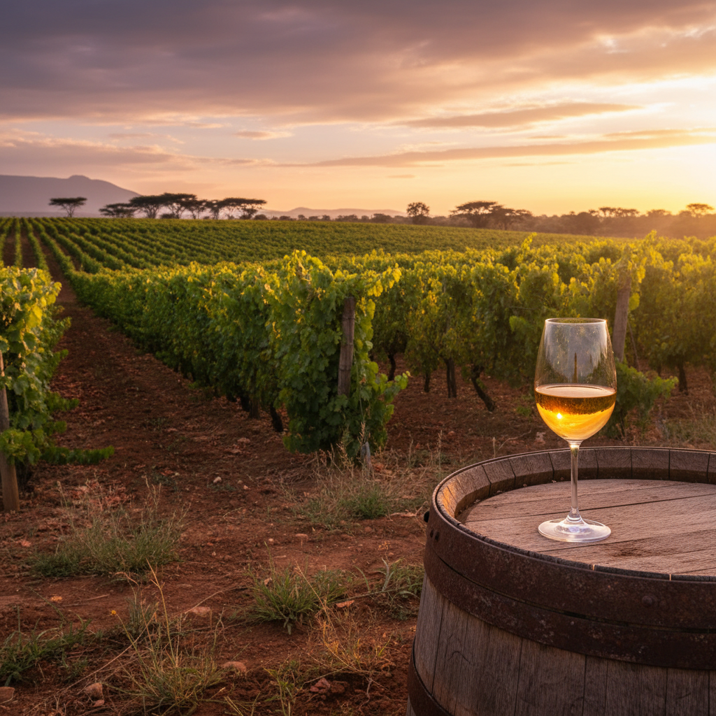 Taça de vinho elegante em primeiro plano, com um vinhedo queniano exuberante ao fundo durante o pôr do sol, simbolizando a harmonização de vinhos e a riqueza do terroir africano.