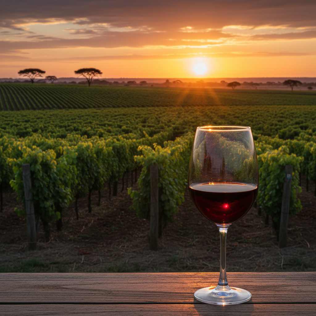 Taça de vinho tinto em um vinhedo ensolarado na Zâmbia, com paisagem africana ao fundo.