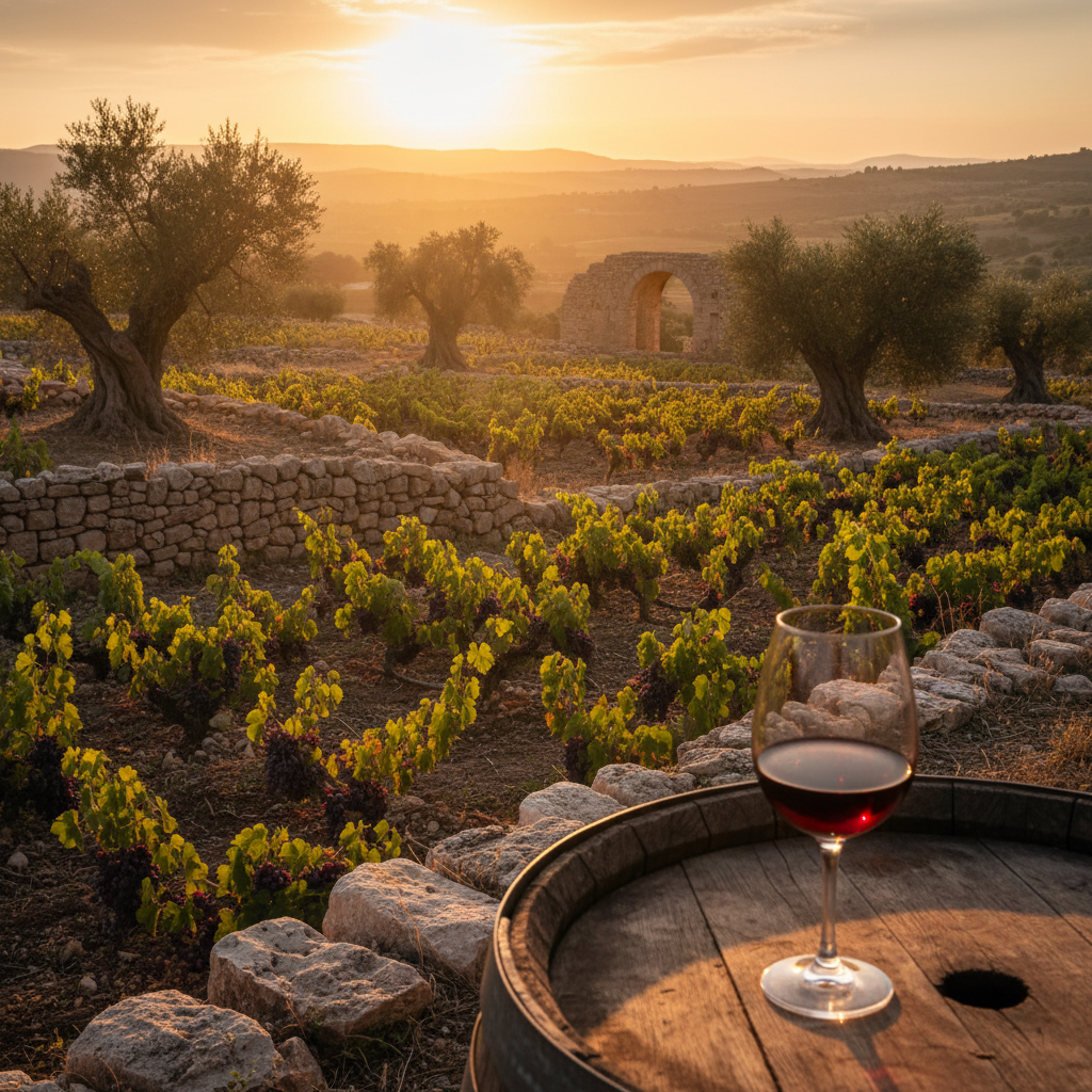 Vinhedo sírio antigo ao pôr do sol com um copo de vinho tinto em uma mesa rústica, evocando a rica história vinícola da região.