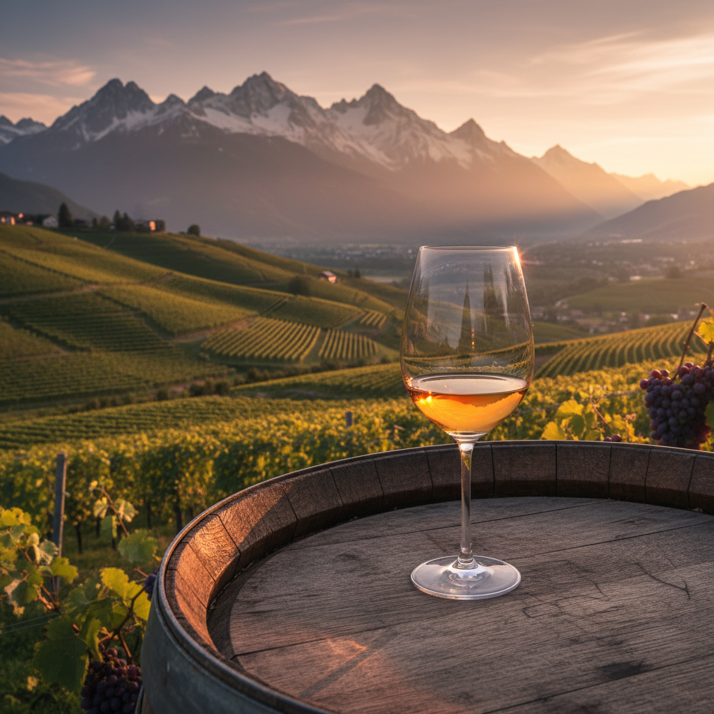 Vinhedo suíço ao pôr do sol com taça de vinho em barril, refletindo a beleza da região vinícola.