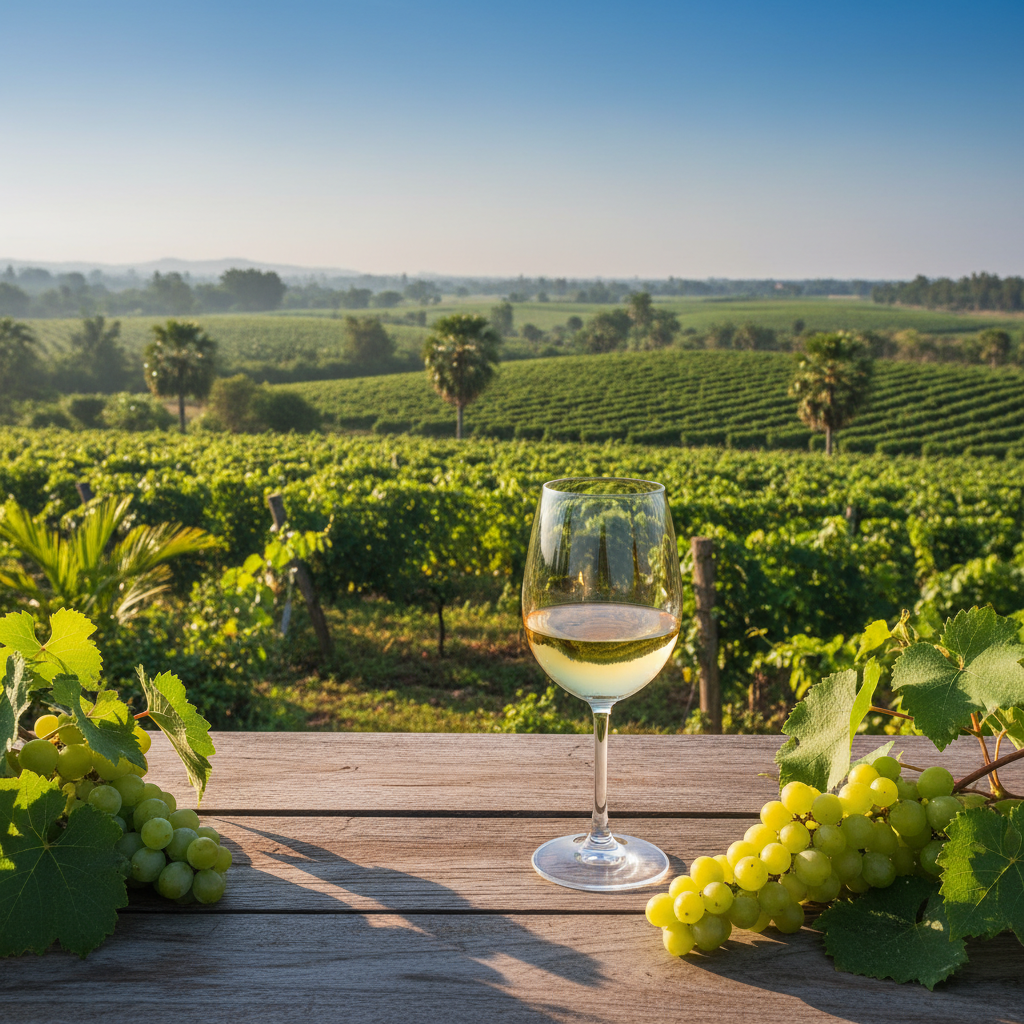 Taça de vinho branco em uma mesa de madeira rústica, com um vinhedo tailandês exuberante ao fundo sob o sol.