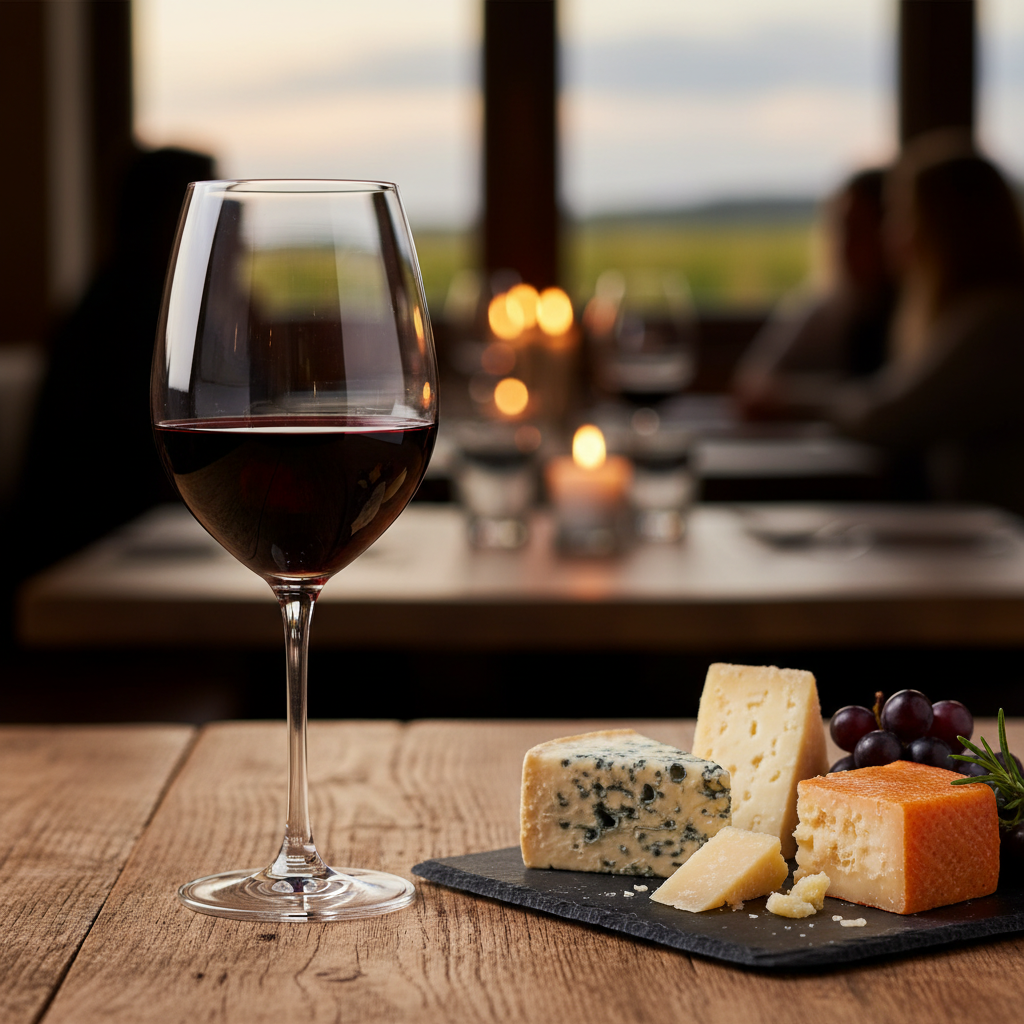 Uma taça elegante de vinho tinto sobre uma mesa de madeira rústica, com um prato gourmet de carne vermelha ou queijos envelhecidos ao fundo, em um ambiente aconchegante de adega ou restaurante.