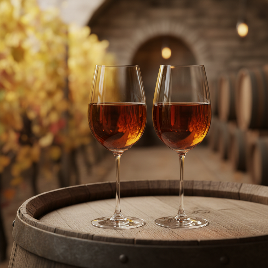 Taças de vinho de frutas báltico em um barril rústico, com fundo de vinhedo outonal.