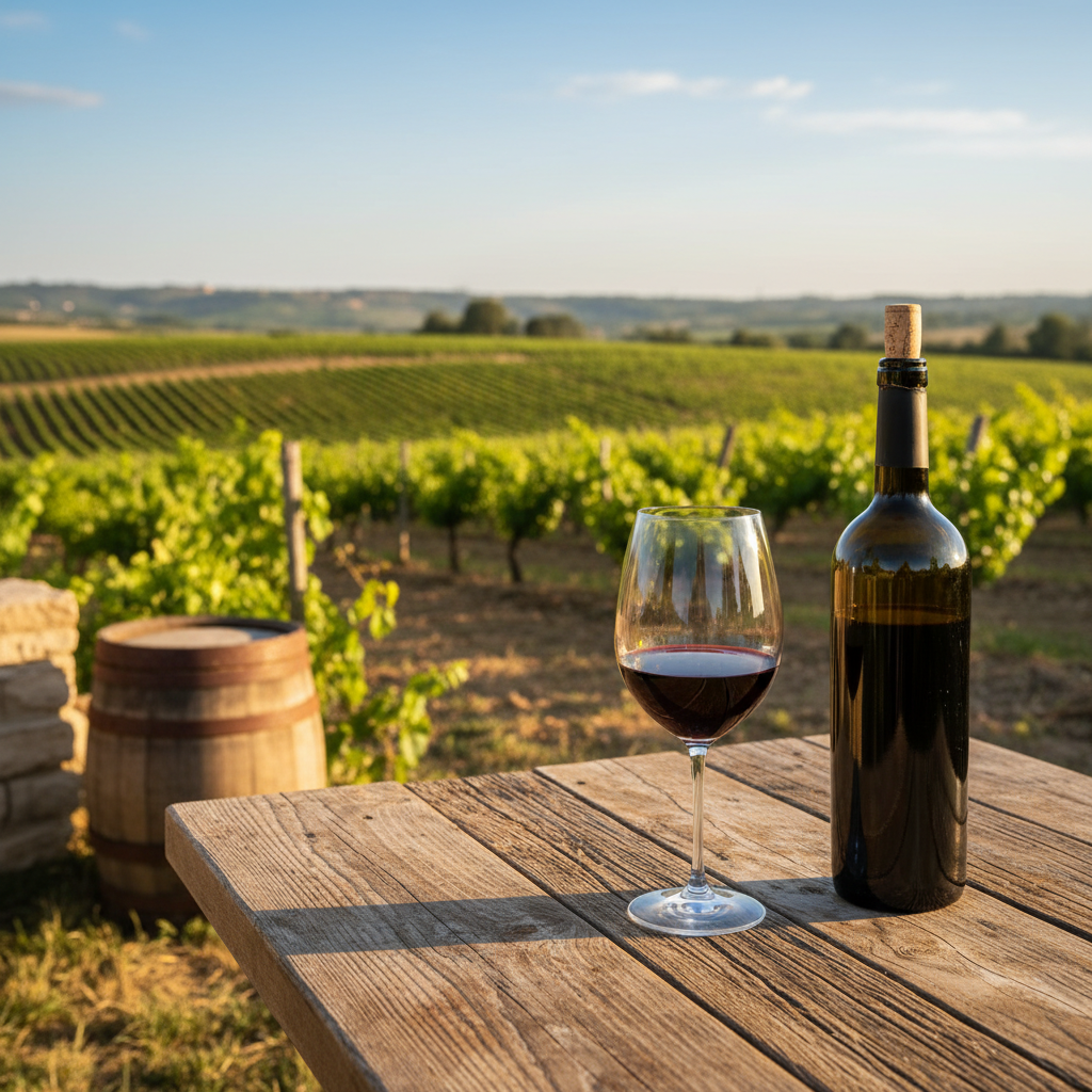 Taça de vinho tinto e garrafa sobre mesa rústica em vinhedo ensolarado, com barril ao fundo, evocando a paisagem vinícola turca.