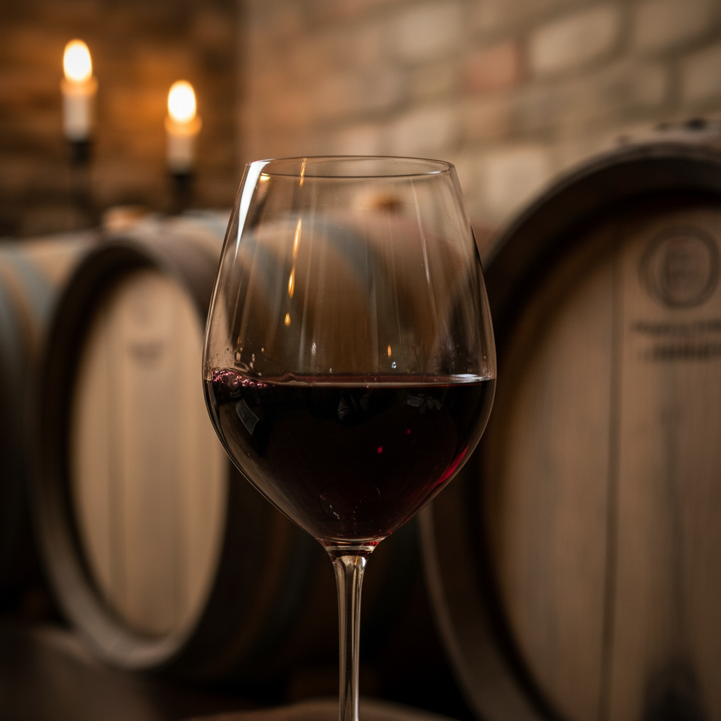 Taça de vinho tinto em ambiente rústico italiano, com barris ou paredes de pedra ao fundo.