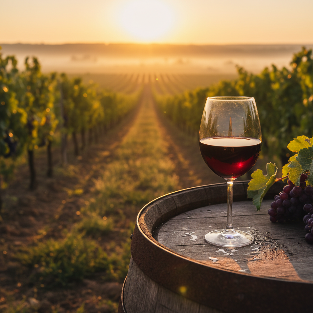 Taça de vinho tinto sobre barril de madeira em um vinhedo da Moldávia ao pôr do sol, ilustrando a beleza e tradição dos vinhos moldavos.