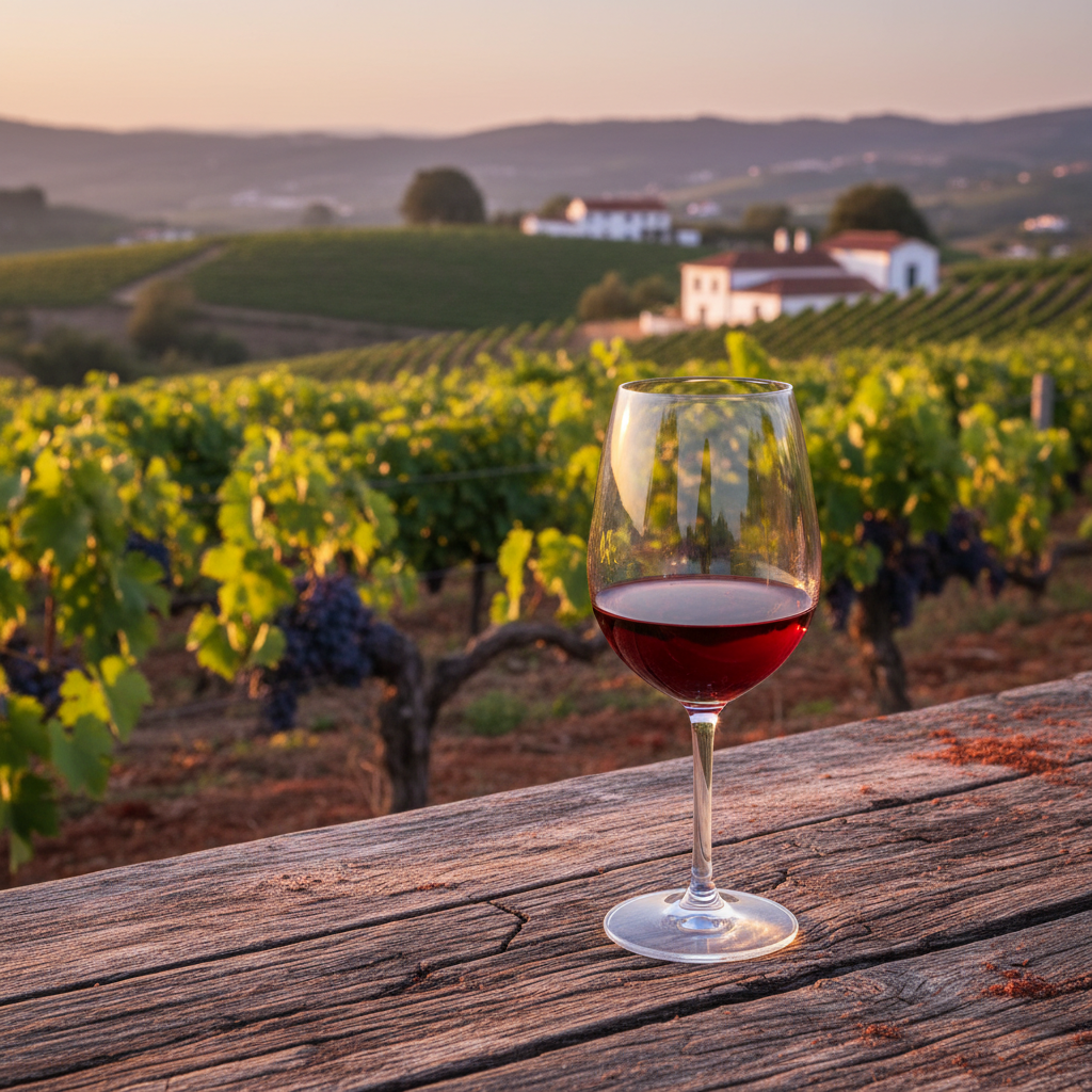 Taça de vinho tinto em mesa rústica com vinhedo português ao fundo, sob a luz do pôr do sol.