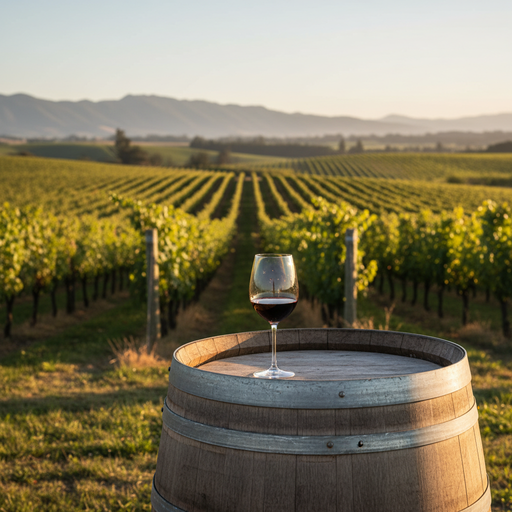 Vinhedo ensolarado em Hawke's Bay, Nova Zelândia, com colinas ao fundo e um barril de vinho de madeira com uma taça elegante em primeiro plano.