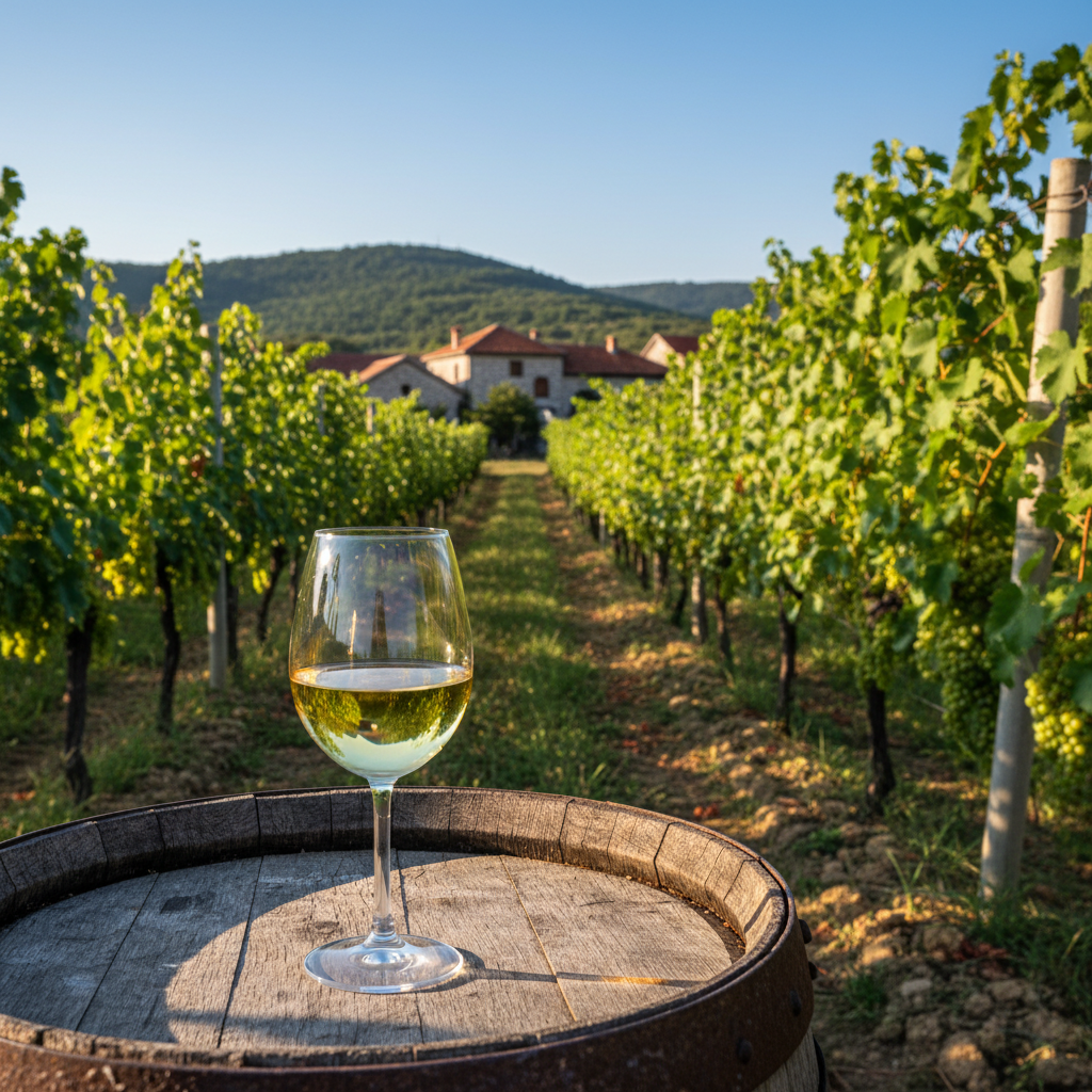 Vista panorâmica de um vinhedo ensolarado na Herzegovina, com uma taça de vinho branco local sobre um barril de madeira e arquitetura de pedra tradicional ao fundo.