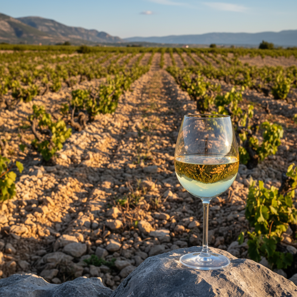 Vinhedo ensolarado na região da Herzegovina, com um copo de vinho branco Žilavka em primeiro plano, destacando o terreno rochoso e a paisagem mediterrânea.