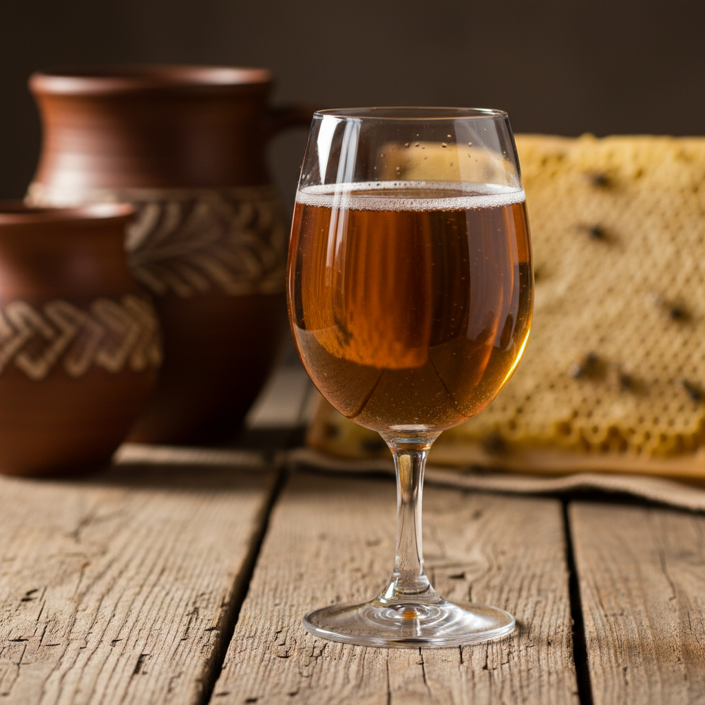 Taça de hidromel lituano dourado sobre mesa de madeira rústica, com elementos tradicionais e mel ao fundo, evocando a ancestralidade da bebida.