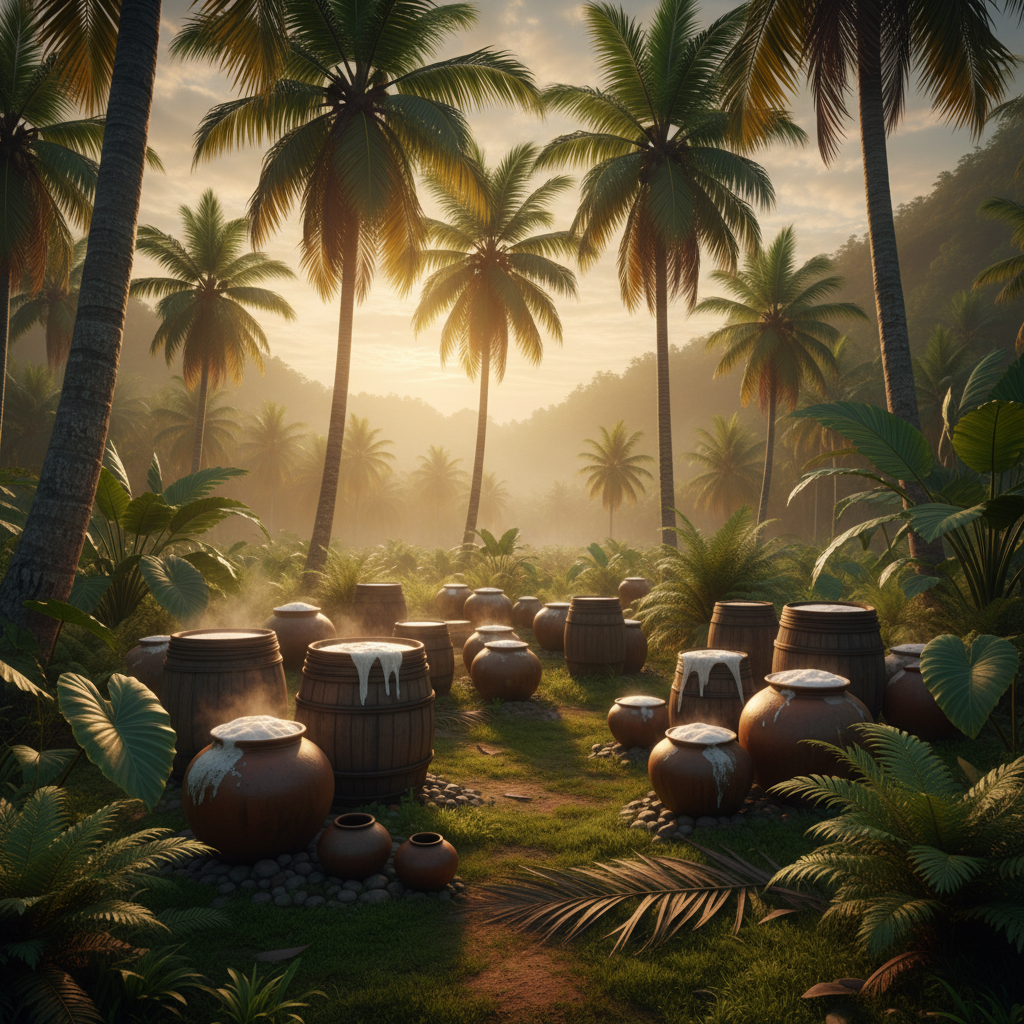 Palmeiras de coco e kitul em um cenário rural do Sri Lanka, com vasos de barro tradicionais usados para a fermentação de bebidas ancestrais como o toddy e o arrack.