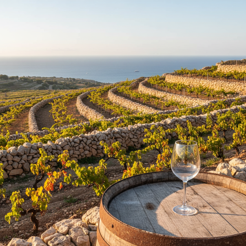 Vinhedo maltês em socalcos ao pôr do sol, com muros de pedra antigos e o Mar Mediterrâneo, e uma taça de vinho sobre um barril de madeira.