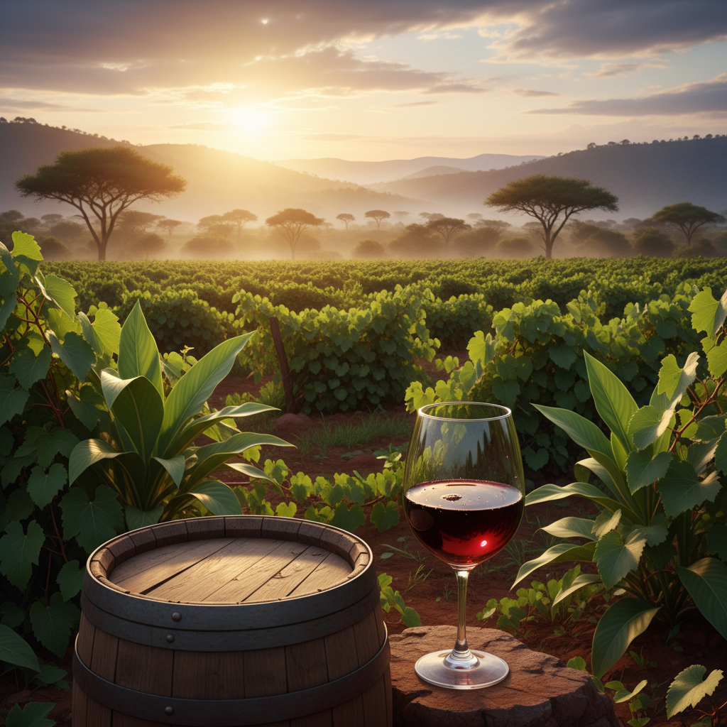 Vinhedo exuberante em Uganda com barril de vinho e taça, sob o sol africano