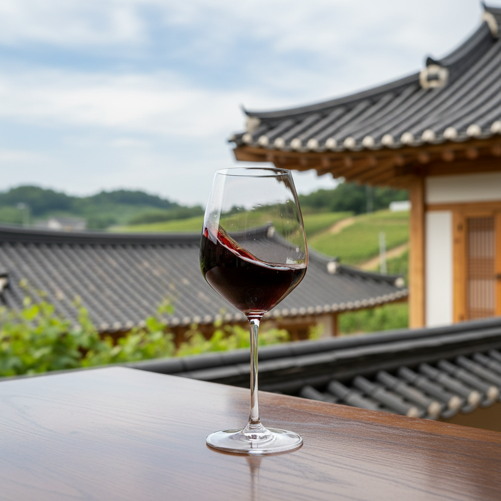 Taça de vinho tinto em mesa de madeira, com vinhedos e arquitetura tradicional coreana desfocados ao fundo
