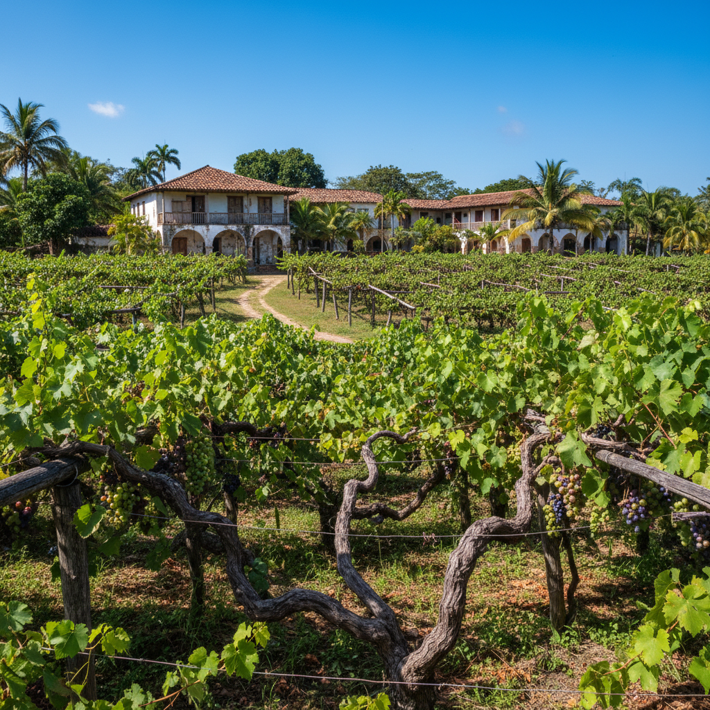 Vinhedo antigo e rústico na República Dominicana, com videiras retorcidas e arquitetura colonial ao fundo, sob um céu tropical.