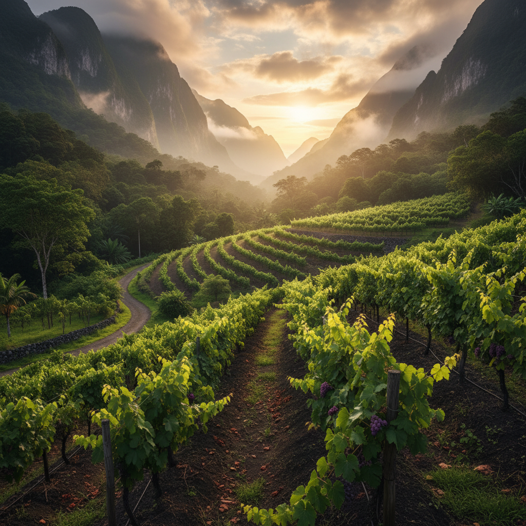 Vinhedo secreto em El Salvador, com videiras em solo vulcânico e paisagem tropical montanhosa ao pôr do sol, transmitindo a ideia de viticultura inesperada.