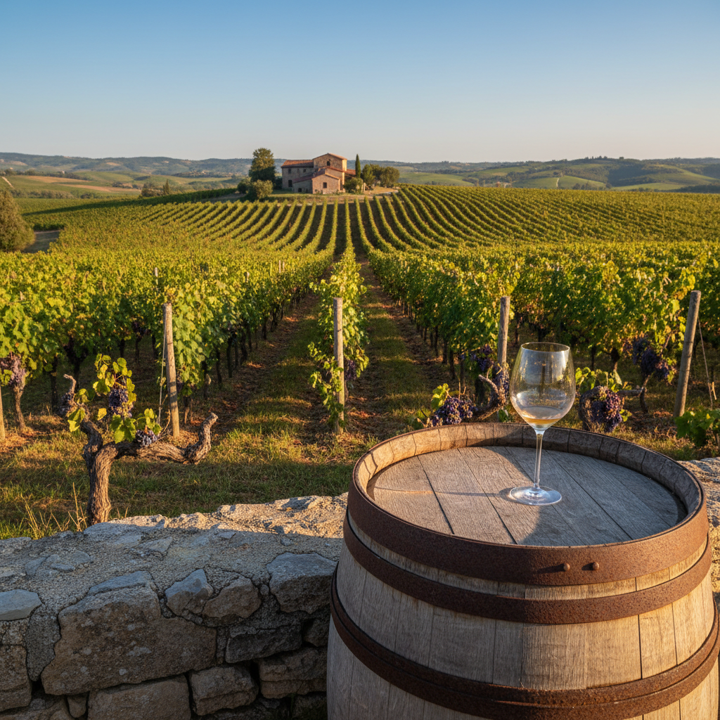 Vinhedo antigo ao pôr do sol com barril de vinho e taça, simbolizando a jornada histórica da uva e do vinho.