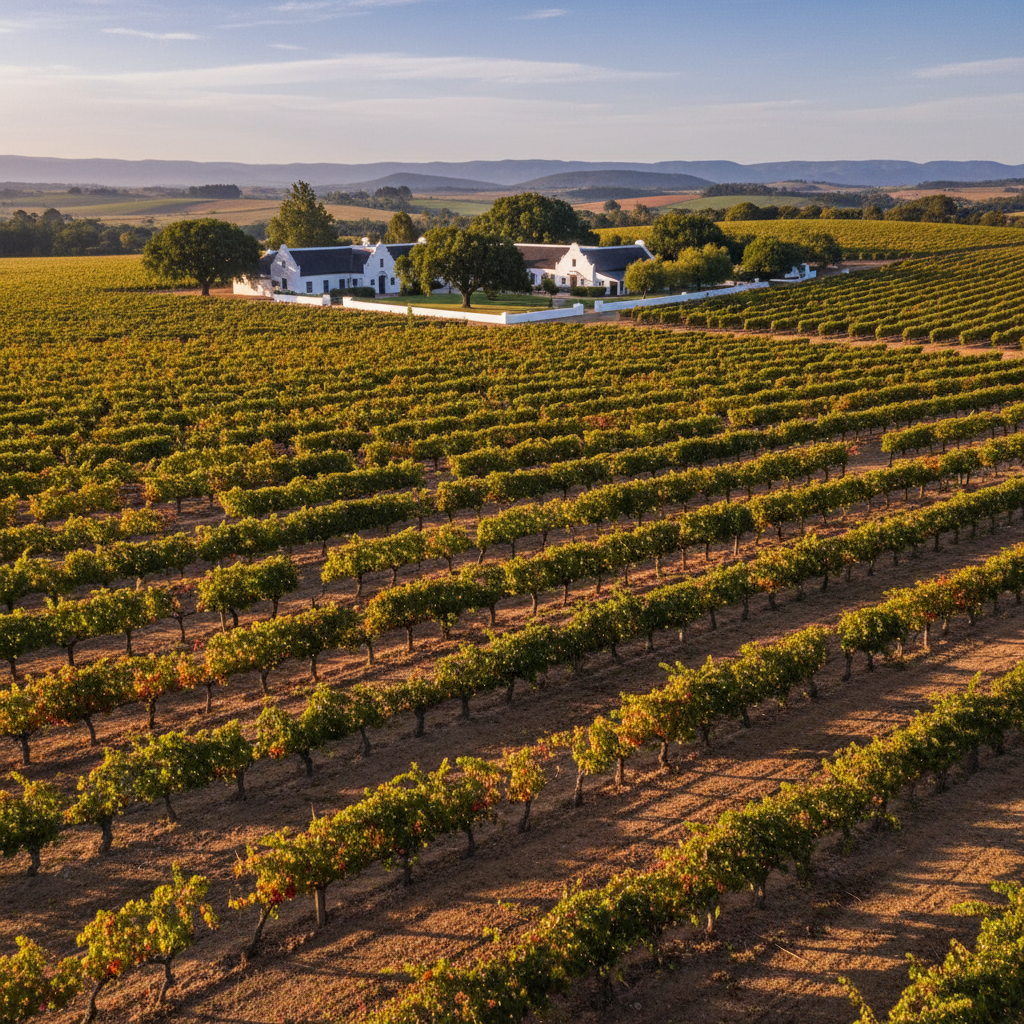 Vinhedo histórico nas Cape Winelands, África do Sul, com arquitetura Cape Dutch ao fundo, simbolizando a longa história da produção de vinho na região.