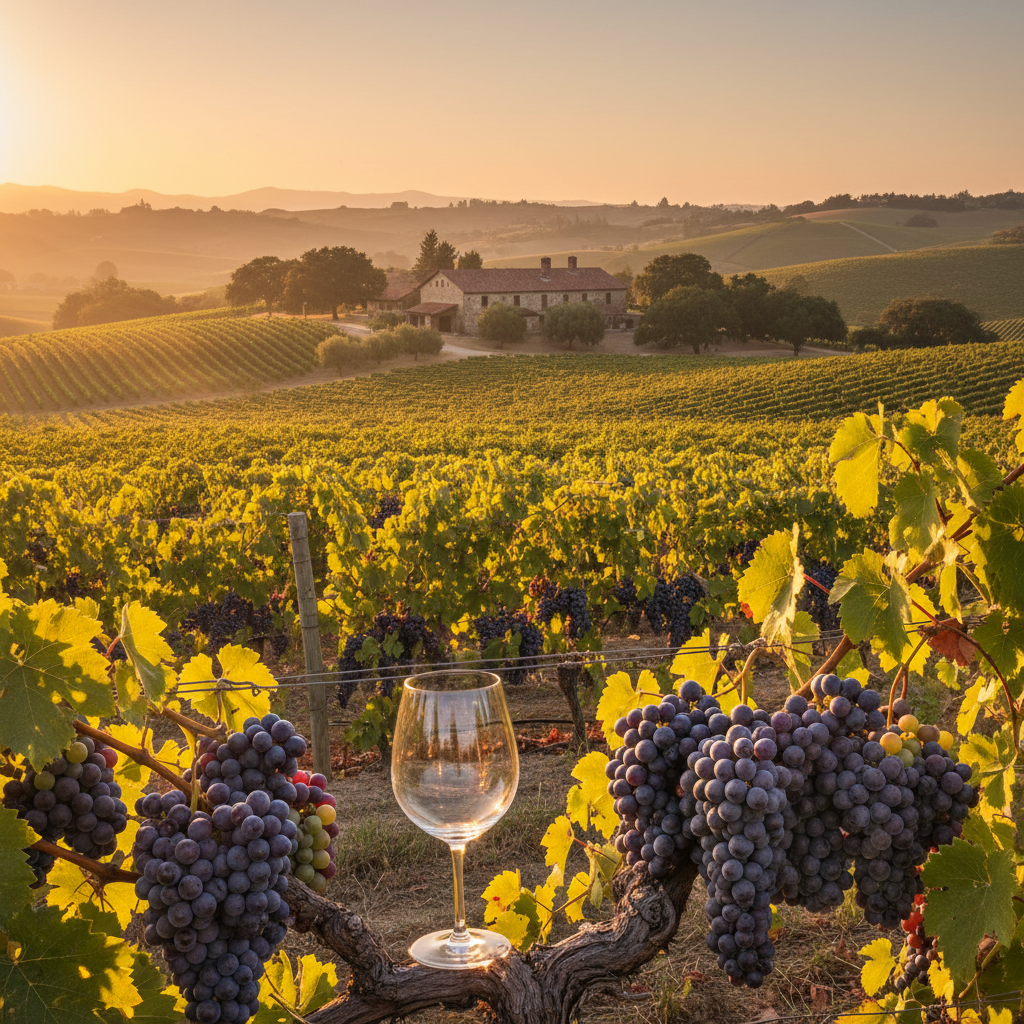 Vinhedo americano exuberante ao pôr do sol, com uvas maduras e uma vinícola histórica ao fundo, simbolizando a rica jornada do vinho nos EUA.