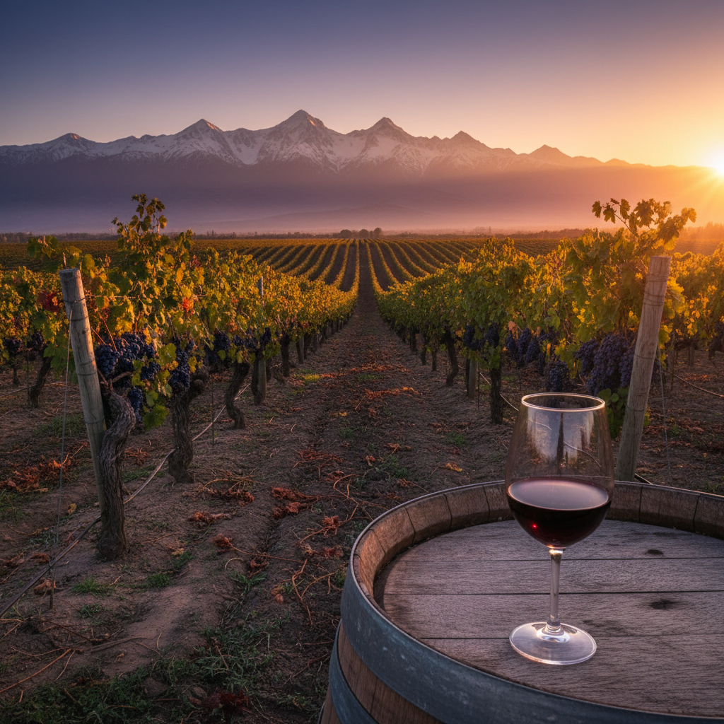 Um deslumbrante vinhedo de Malbec em Mendoza, Argentina, ao pôr do sol, com as imponentes montanhas dos Andes no horizonte e uma taça de vinho tinto repousando sobre um barril de carvalho.