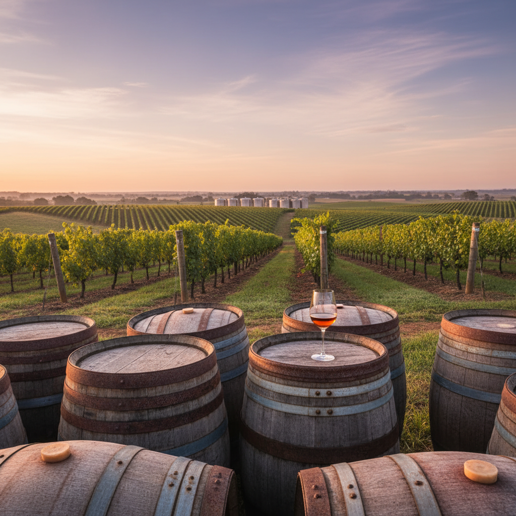 Vinhedo australiano ao amanhecer, com barris de carvalho antigos em primeiro plano e tanques de aço modernos ao fundo, simbolizando a evolução da viticultura australiana.