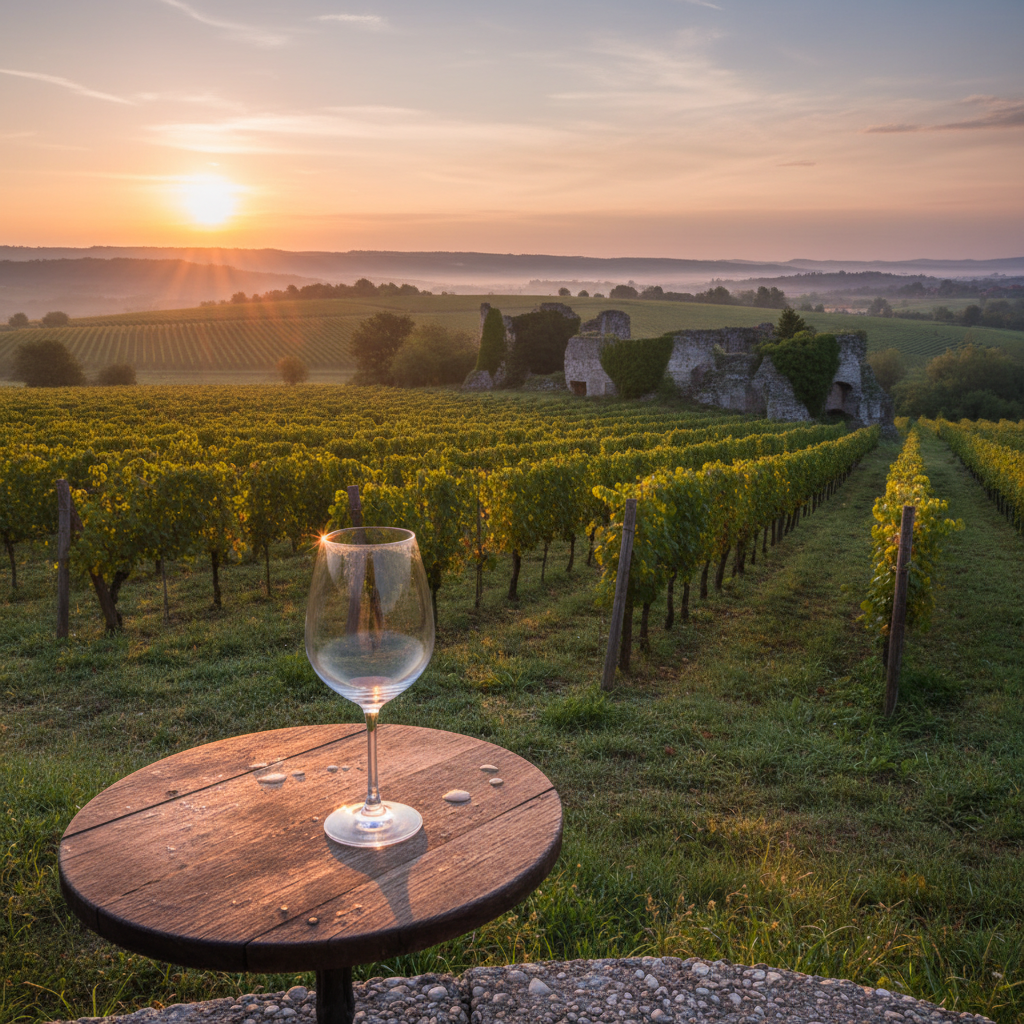 Vinhedo sereno na Herzegovina com ruínas antigas ao fundo e uma taça de vinho na mesa, sob a luz da manhã.
