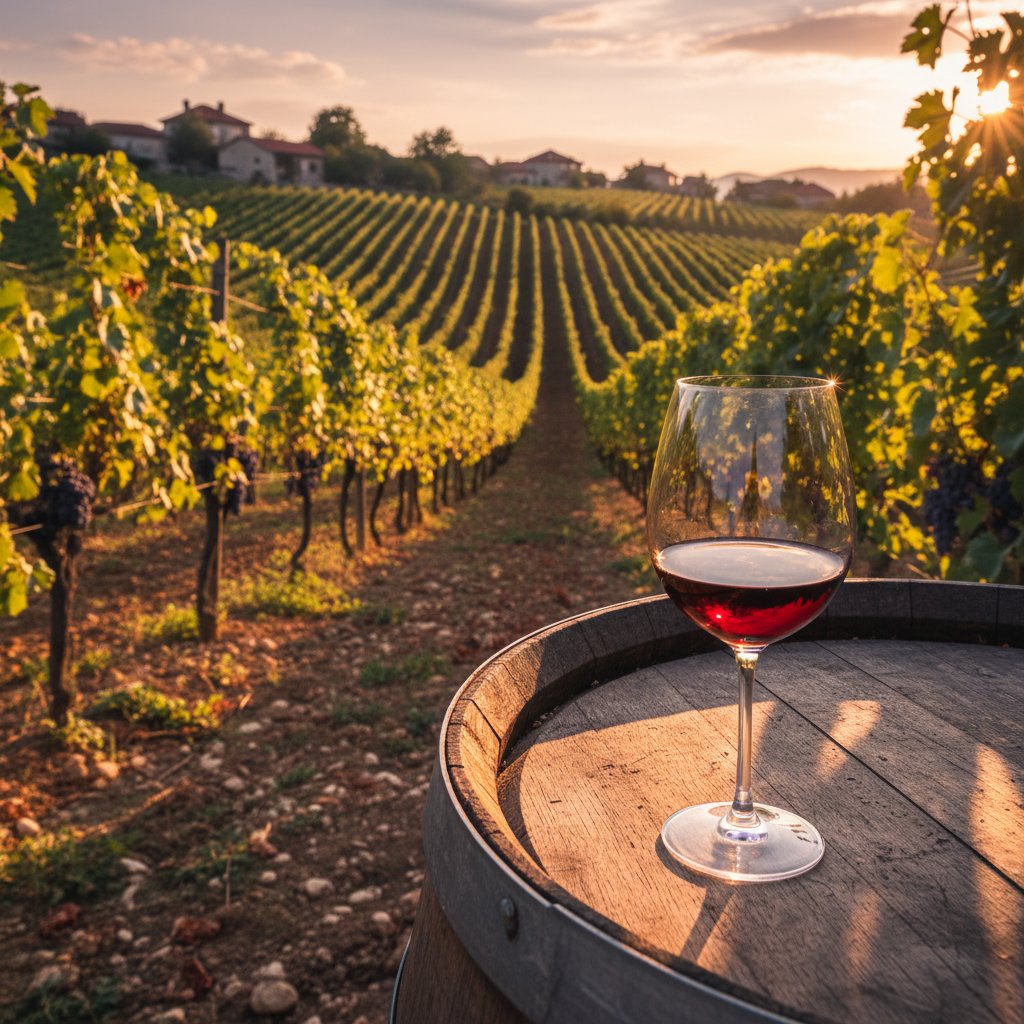 Vinhedo bósnio ao pôr do sol com taça de vinho e barril de madeira, simbolizando a história e a modernidade da viticultura na Bósnia.