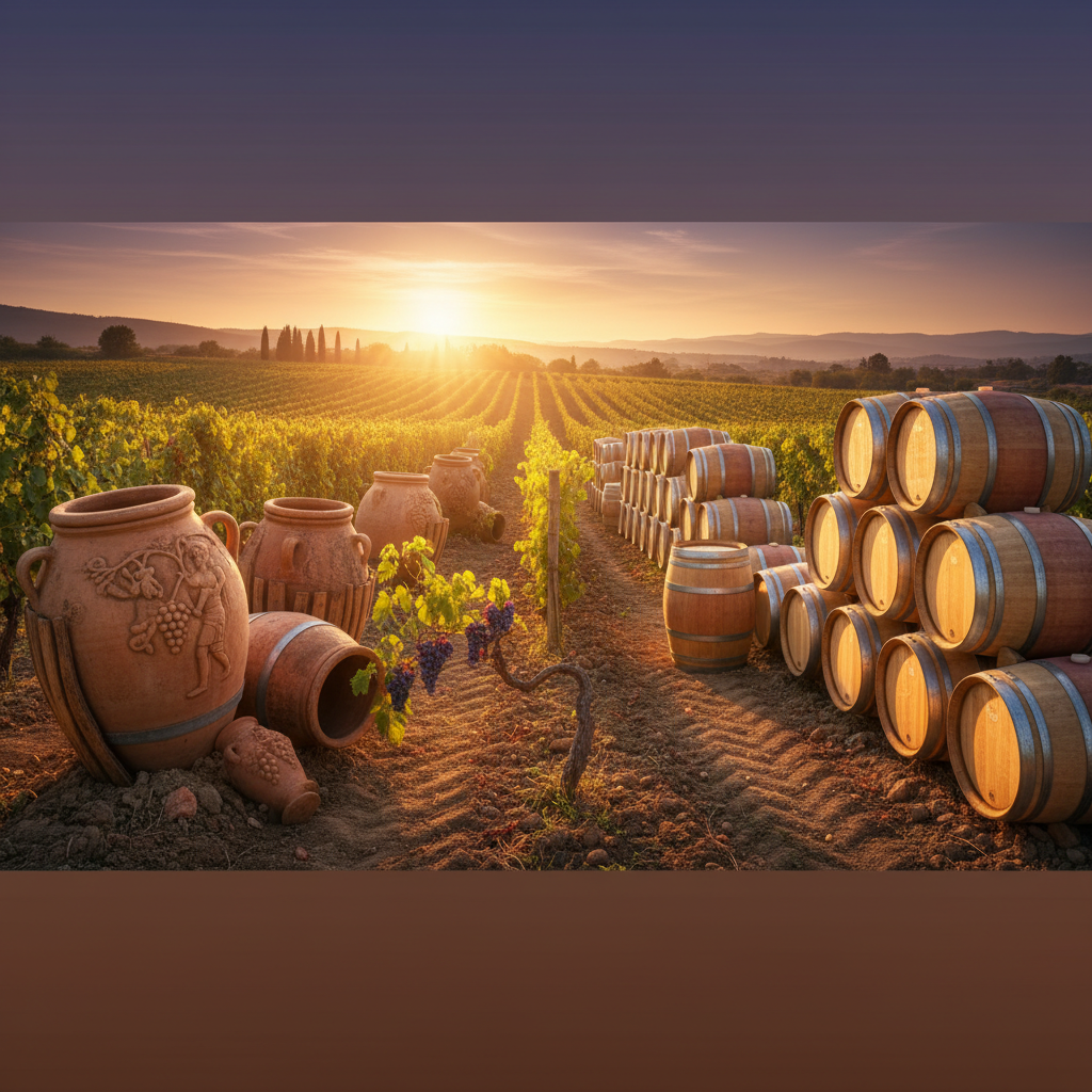 Amphoras trácias antigas e barris de carvalho modernos em um vinhedo búlgaro ao pôr do sol, simbolizando a longa e rica história do vinho na Bulgária.