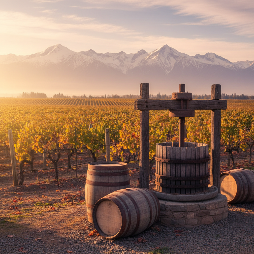 Vinhedo chileno histórico com parreiras e barril de madeira ao pôr do sol, evocando a tradição vinícola do país.