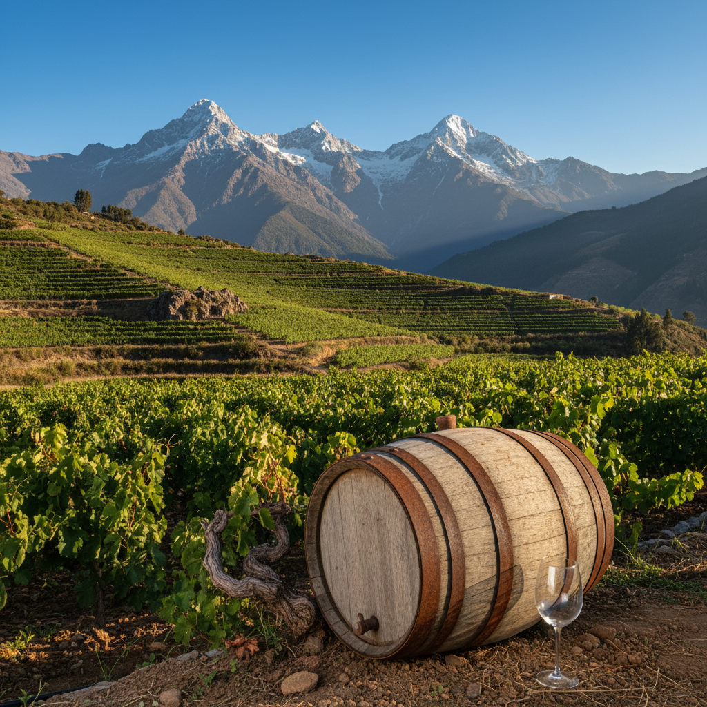 Vinhedo de alta altitude nos Andes equatorianos com um copo de vinho, simbolizando a história e a excelência da viticultura local.