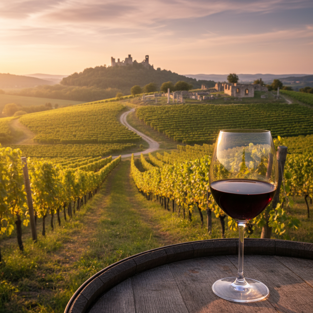 Vinhedo eslovaco em pôr do sol com taça de vinho em primeiro plano, e vestígios históricos distantes simbolizando a rica trajetória do vinho.