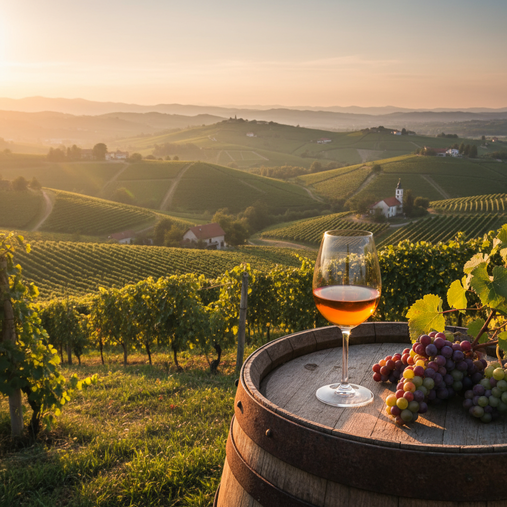 Vinhedo esloveno ao pôr do sol com um copo de vinho natural sobre um barril de madeira, simbolizando a tradição e inovação.