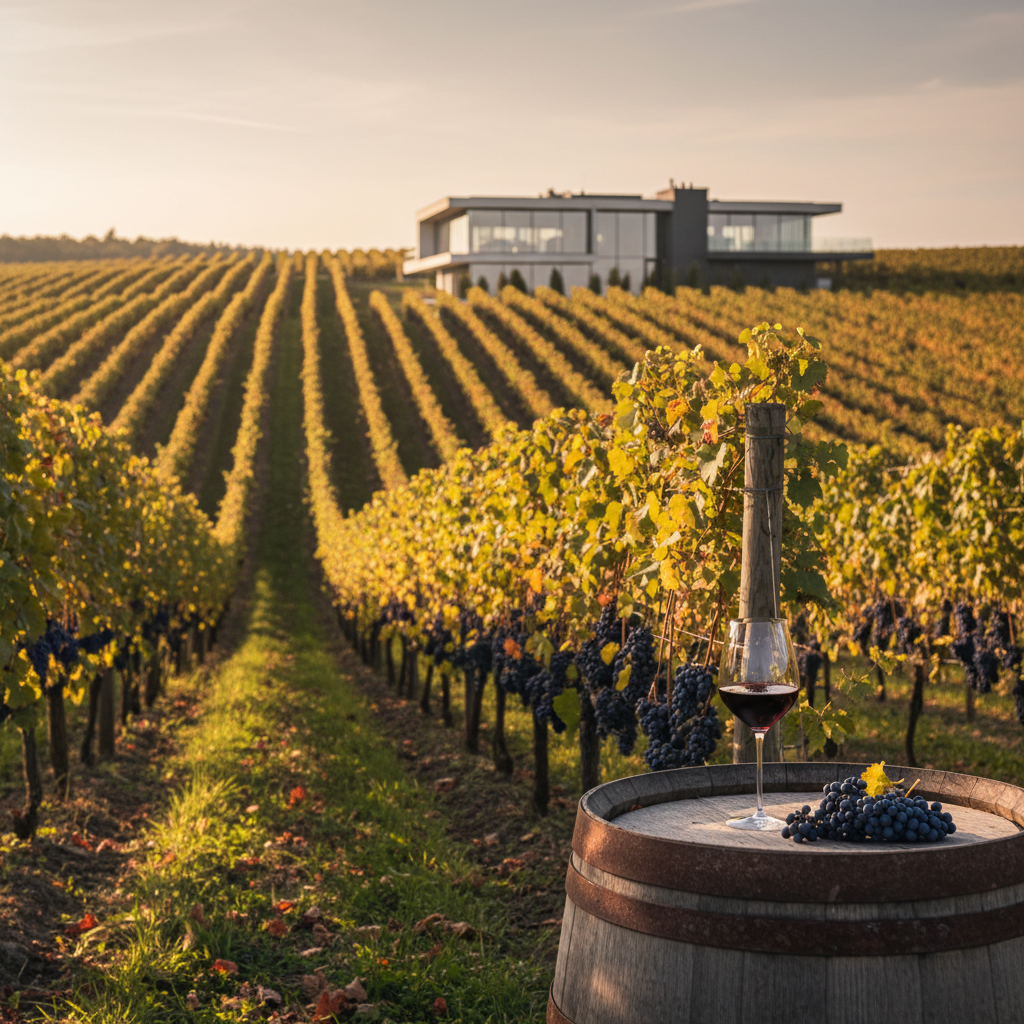 Vinhedo moderno na Letônia ao pôr do sol, com adega contemporânea e uma taça de vinho sobre um barril, simbolizando a evolução da viticultura letã.