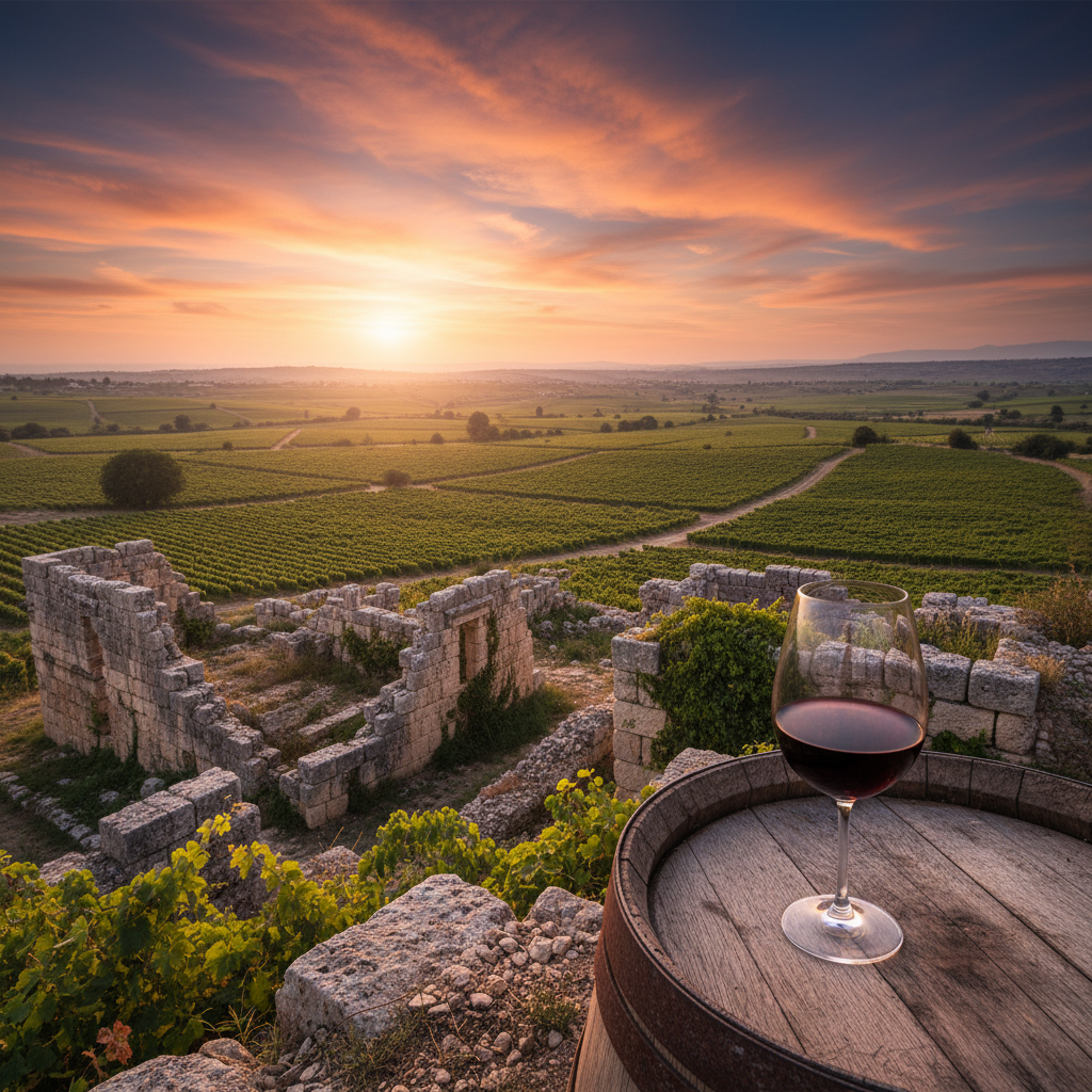 Vinhedo libanês antigo no Vale do Bekaa ao pôr do sol, com ruínas de pedra e um copo de vinho tinto sobre um barril de madeira.