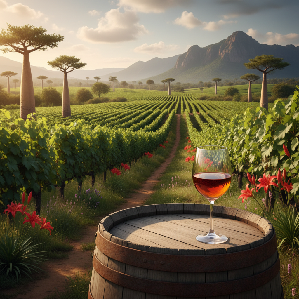 Vinhedo tropical em Madagascar, com videiras exuberantes, um barril de vinho de madeira e uma taça refletindo a luz, simbolizando a história e a produção de vinho na ilha.