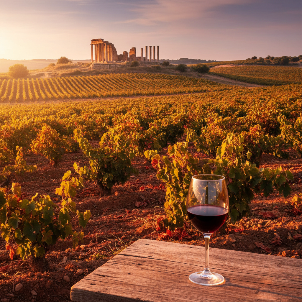 Vinhedo marroquino com ruínas romanas ao fundo e uma taça de vinho tinto em primeiro plano, sob a luz dourada do pôr do sol.