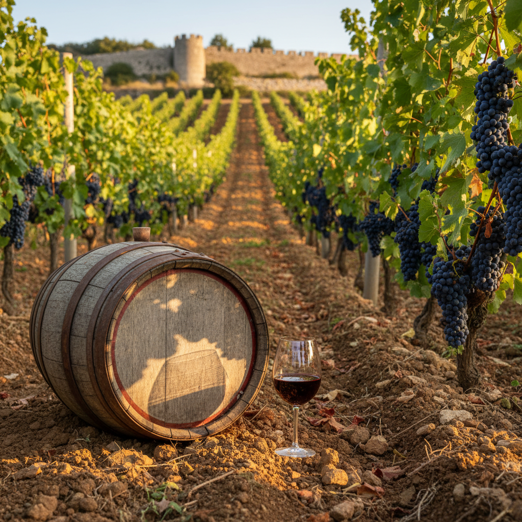 Vinhedo montenegrino ensolarado com barril de vinho de madeira e taça de vinho tinto, refletindo a rica história vitivinícola da região.