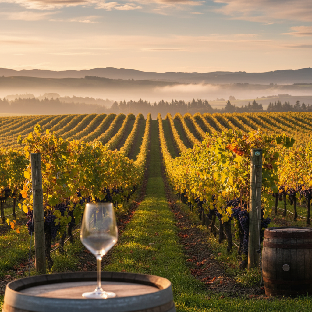 Vinhedo exuberante em Marlborough, Nova Zelândia, durante o pôr do sol, com fileiras de videiras e colinas ao fundo, simbolizando a rica história e sucesso da viticultura neozelandesa.