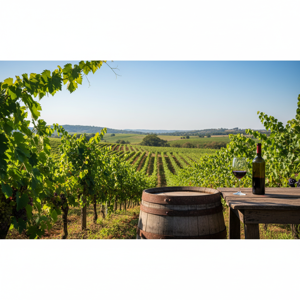 Vinhedo exuberante no Paraguai com barril de vinho e taça, sob um céu claro, simbolizando a história e a tradição vinícola do país.
