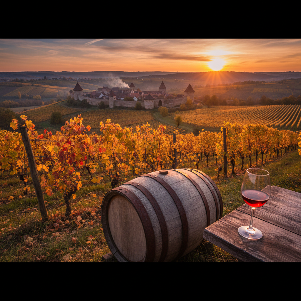Antigo vinhedo polonês ao pôr do sol, com barril rústico e taça de vinho, evocando a rica história da viticultura na Polônia.