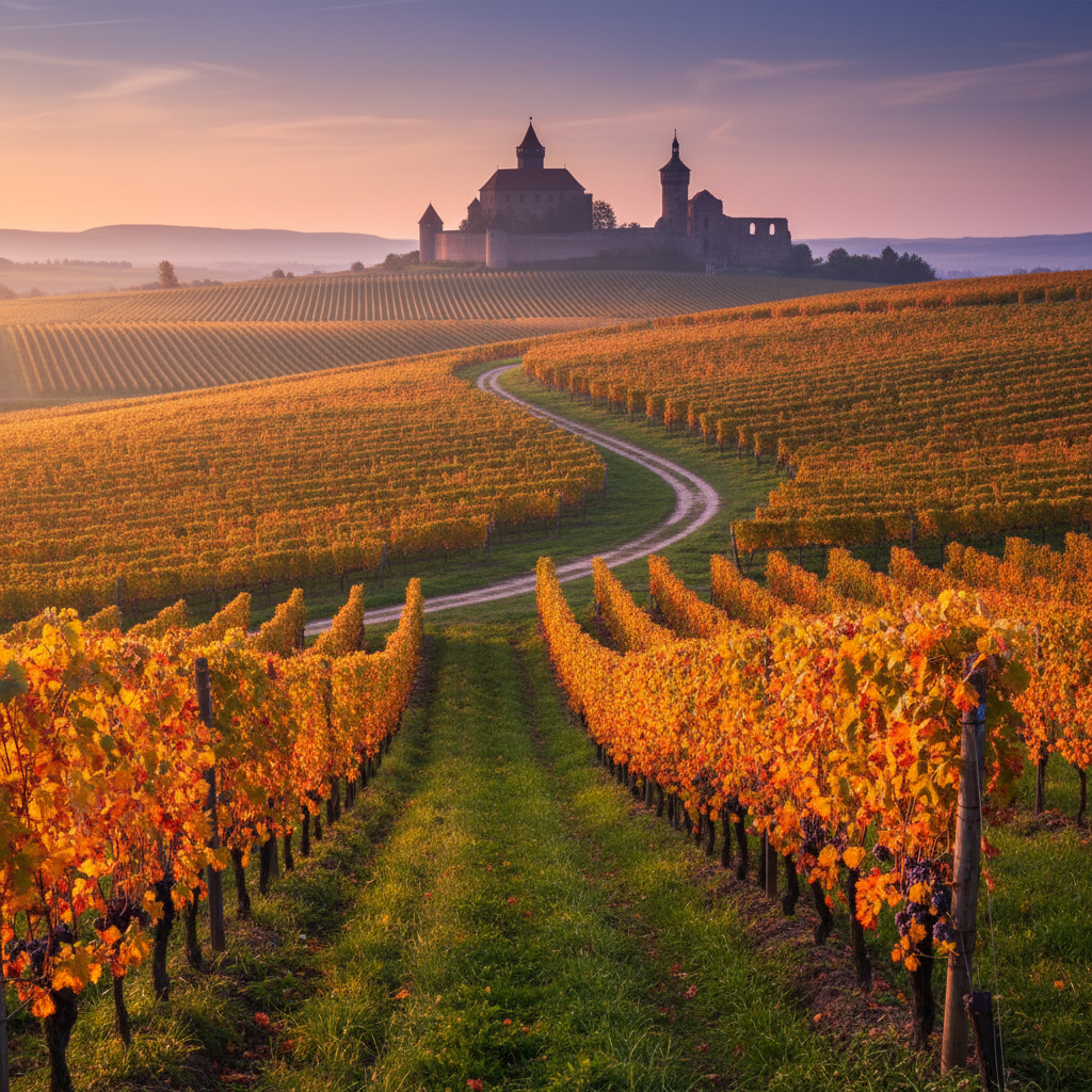 Vinhedo morávio ao pôr do sol com castelo histórico ao fundo, simbolizando a longa história do vinho na República Tcheca.