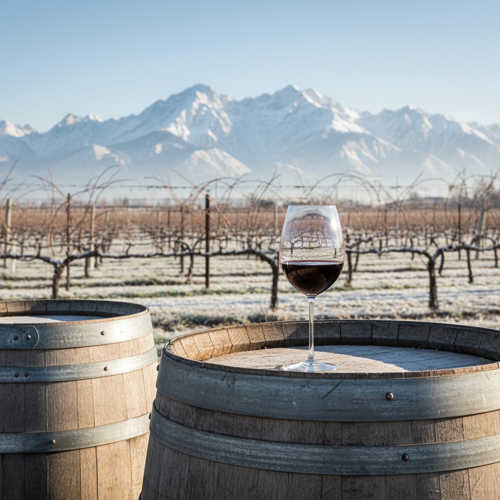 Vinhedo sueco moderno com um copo de vinho sobre um barril de madeira, simbolizando a evolução da viticultura nórdica.