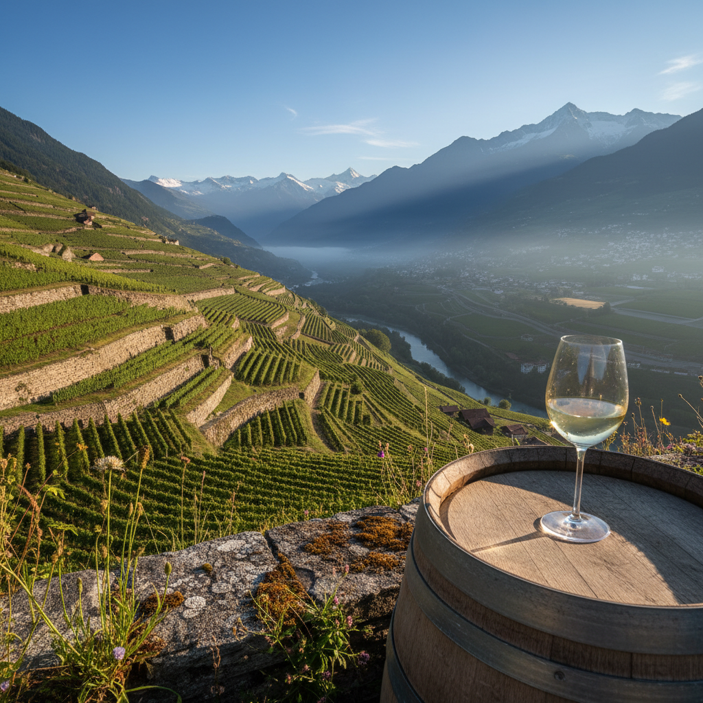 Vinhedos em socalcos nos Alpes Suíços ao amanhecer, com um barril de vinho de madeira e uma taça de vinho branco sobre um muro de pedra, representando a paisagem e a tradição vinícola.